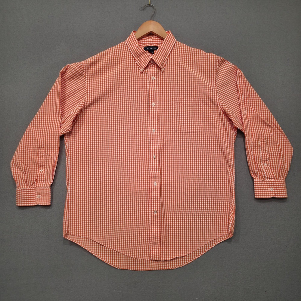 Lands End Men's Orange Check Long Sleeve Button Up Dress‎ Shirt Size 17.5-33